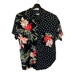 Vintage 90s Black Floral Polkadot Short Sleeve Button Up Top 20W